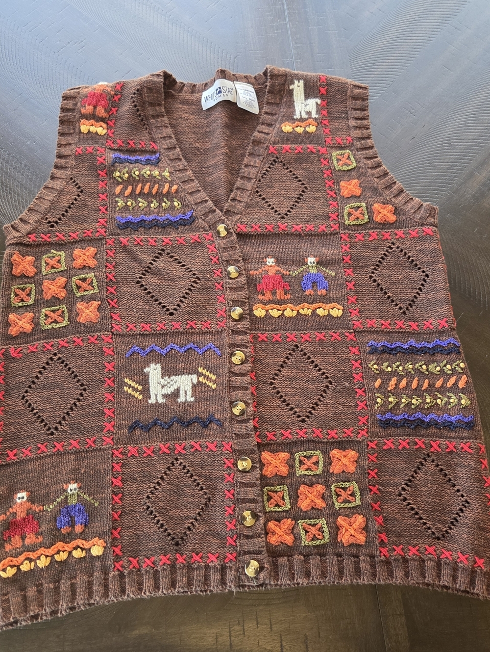 Vintage White Stag Llama & People Embroidered Sweater Vest Plus 18W 20W Brown